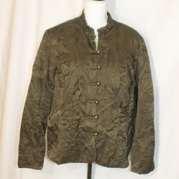 COLDWATER CREEK Olive Green Quilted Jacket Size Large Button Front Oriental L/S - Picture 12 of 13